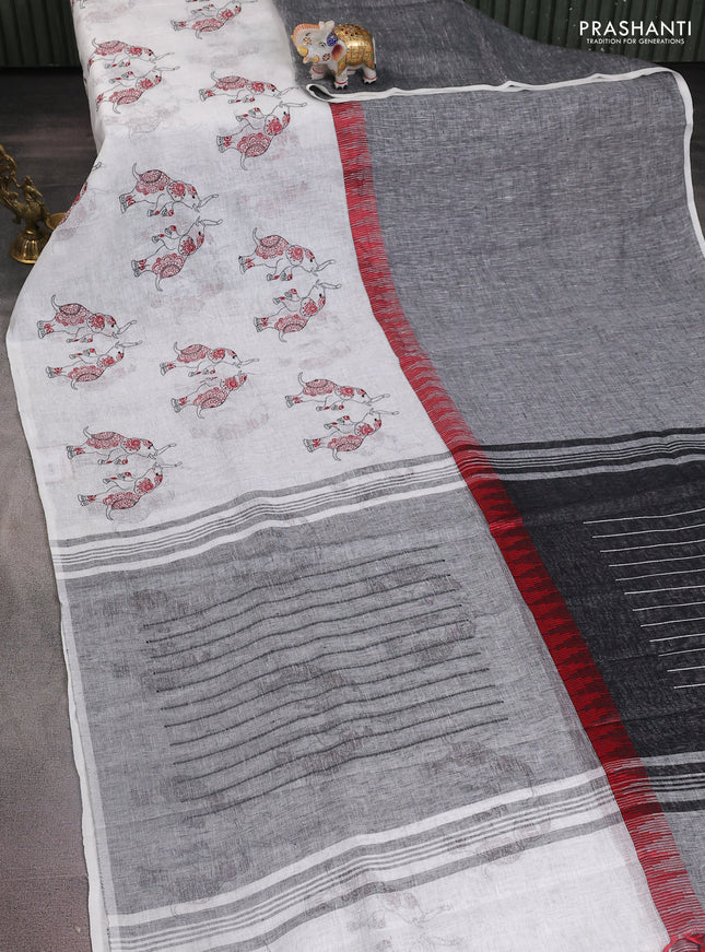 Pure linen saree off white and black with half & half style and border less style