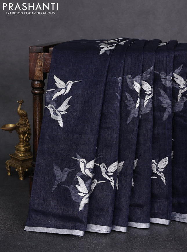 Pure linen saree navy blue with thread & silver zari woven buttas and silver zari woven piping border
