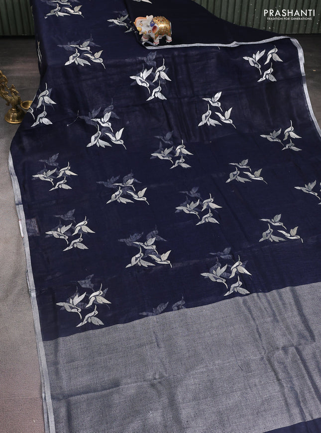Pure linen saree navy blue with thread & silver zari woven buttas and silver zari woven piping border