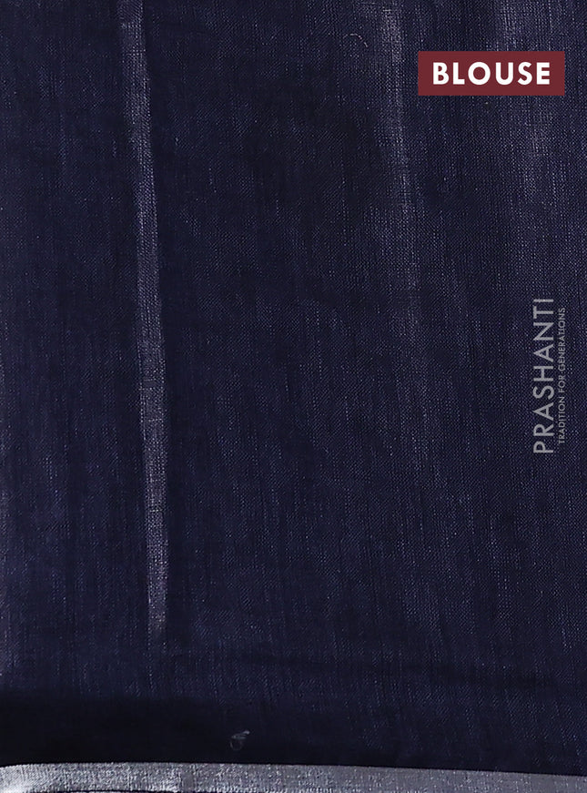 Pure linen saree navy blue with thread & silver zari woven buttas and silver zari woven piping border