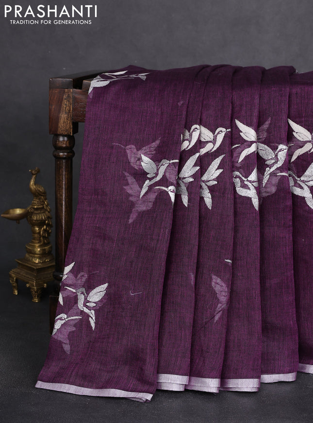 Pure linen saree purple with thread & silver zari woven buttas and silver zari woven piping border