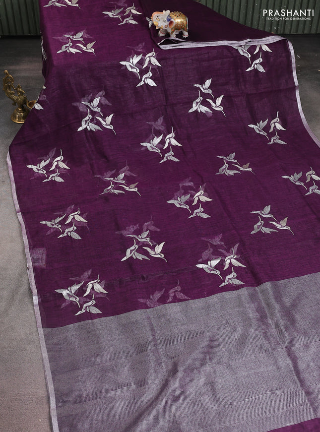 Pure linen saree purple with thread & silver zari woven buttas and silver zari woven piping border