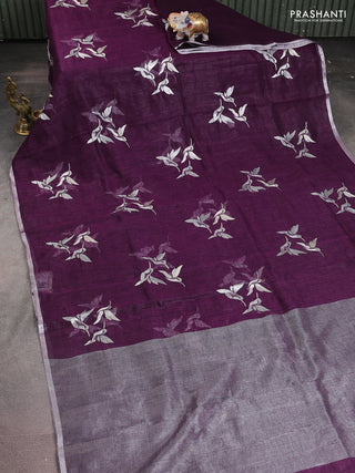 Pure linen saree purple with thread & silver zari woven buttas and silver zari woven piping border