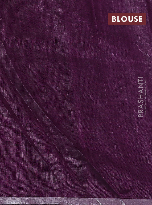 Pure linen saree purple with thread & silver zari woven buttas and silver zari woven piping border