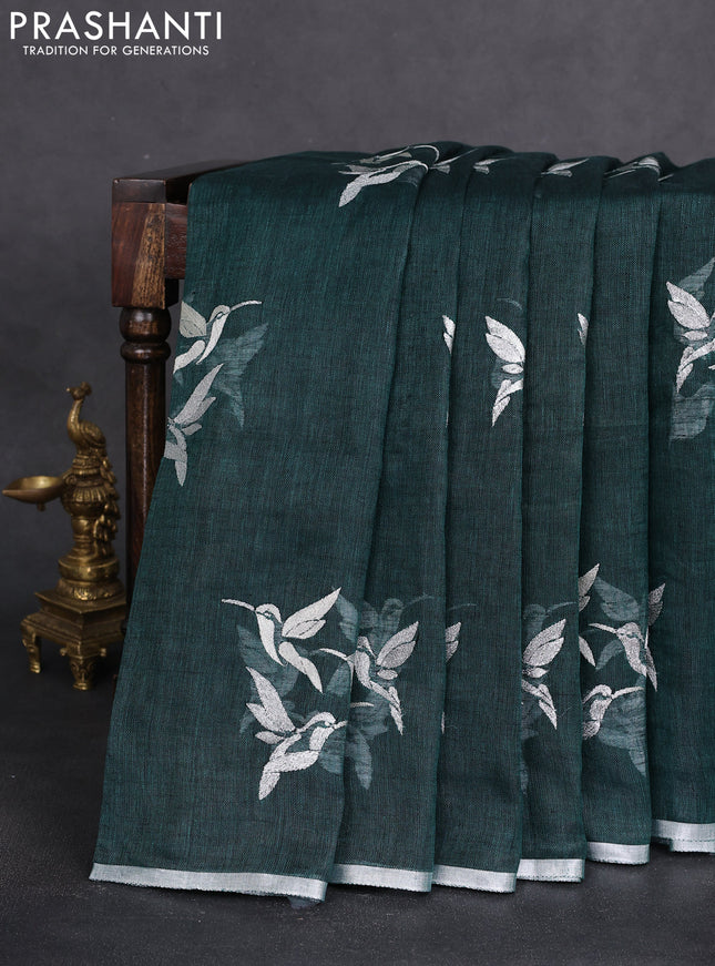 Pure linen saree peacock green with thread & silver zari woven buttas and silver zari woven piping border