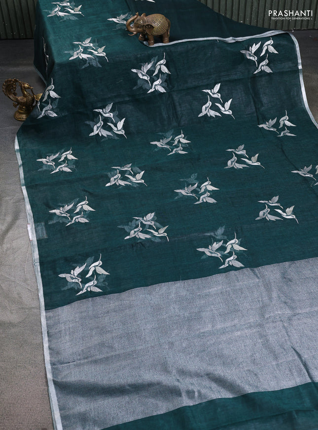 Pure linen saree peacock green with thread & silver zari woven buttas and silver zari woven piping border