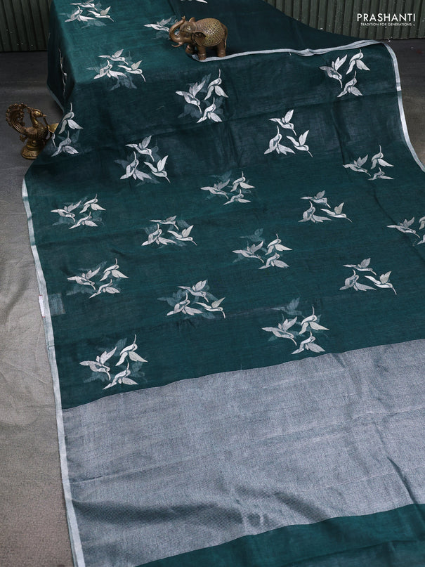 Pure linen saree peacock green with thread & silver zari woven buttas and silver zari woven piping border