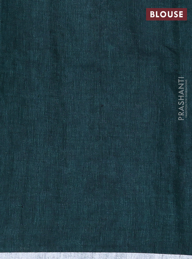 Pure linen saree peacock green with thread & silver zari woven buttas and silver zari woven piping border