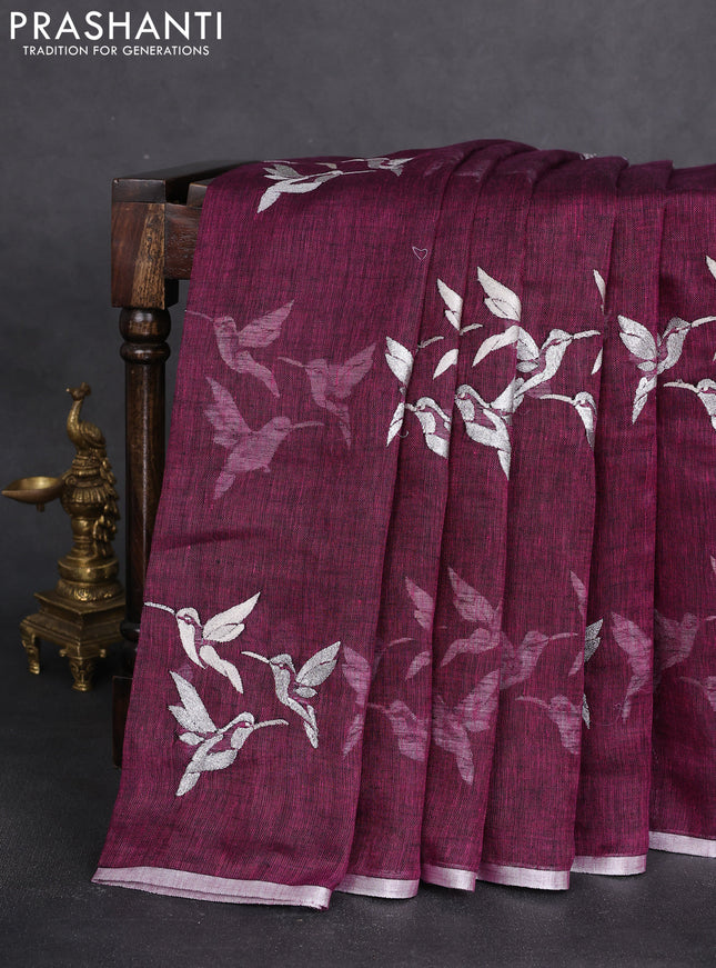 Pure linen saree wine shade with thread & silver zari woven buttas and silver zari woven piping border