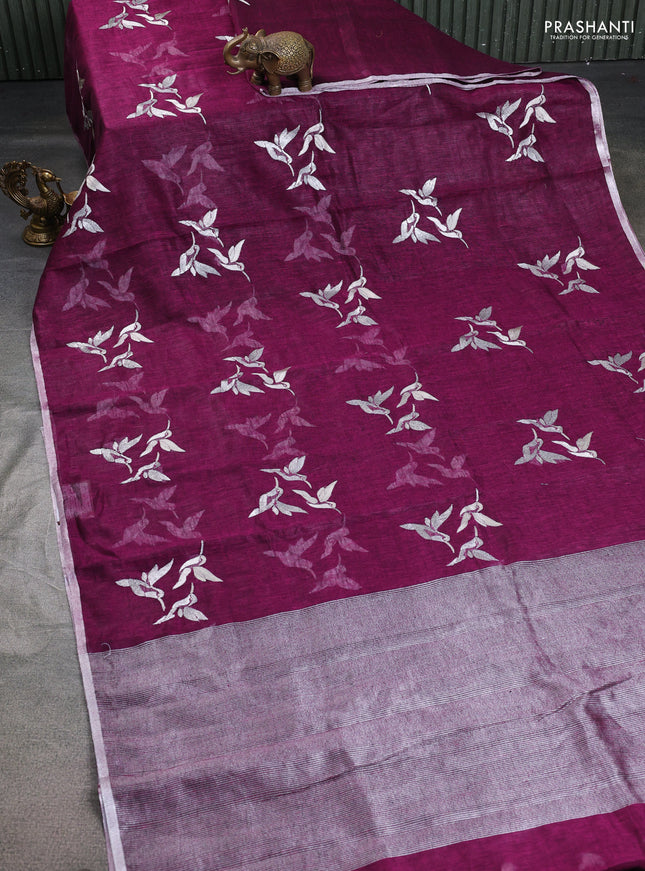 Pure linen saree wine shade with thread & silver zari woven buttas and silver zari woven piping border