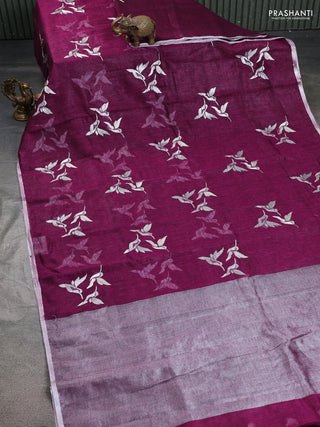 Pure linen saree wine shade with thread & silver zari woven buttas and silver zari woven piping border