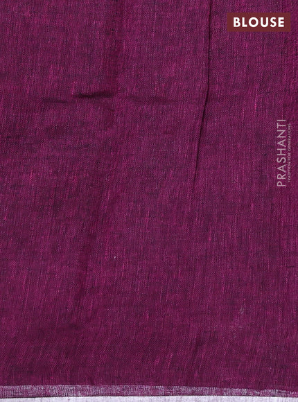 Pure linen saree wine shade with thread & silver zari woven buttas and silver zari woven piping border
