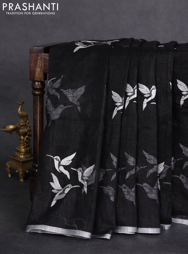 Pure linen saree black with thread & silver zari woven buttas and silver zari woven piping border