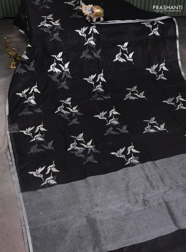 Pure linen saree black with thread & silver zari woven buttas and silver zari woven piping border