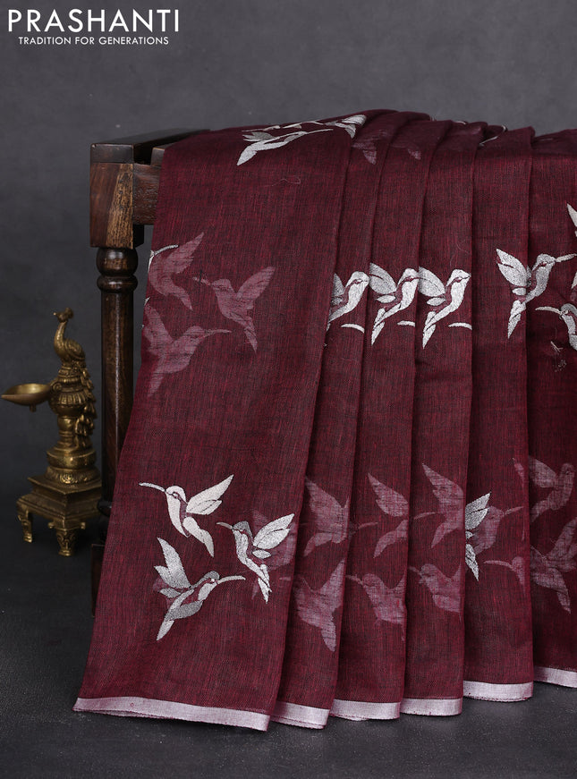 Pure linen saree maroon with thread & silver zari woven buttas and silver zari woven piping border