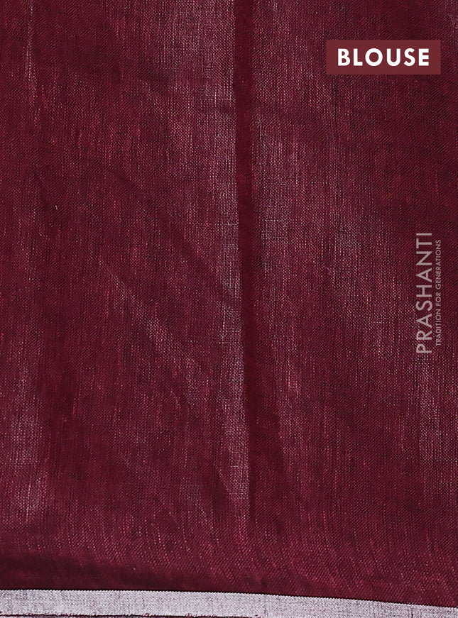 Pure linen saree maroon with thread & silver zari woven buttas and silver zari woven piping border