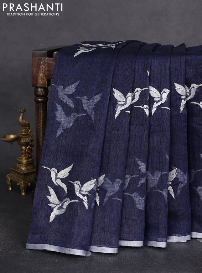 Pure linen saree navy blue with thread & silver zari woven buttas and silver zari woven piping border