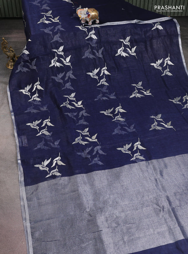Pure linen saree navy blue with thread & silver zari woven buttas and silver zari woven piping border