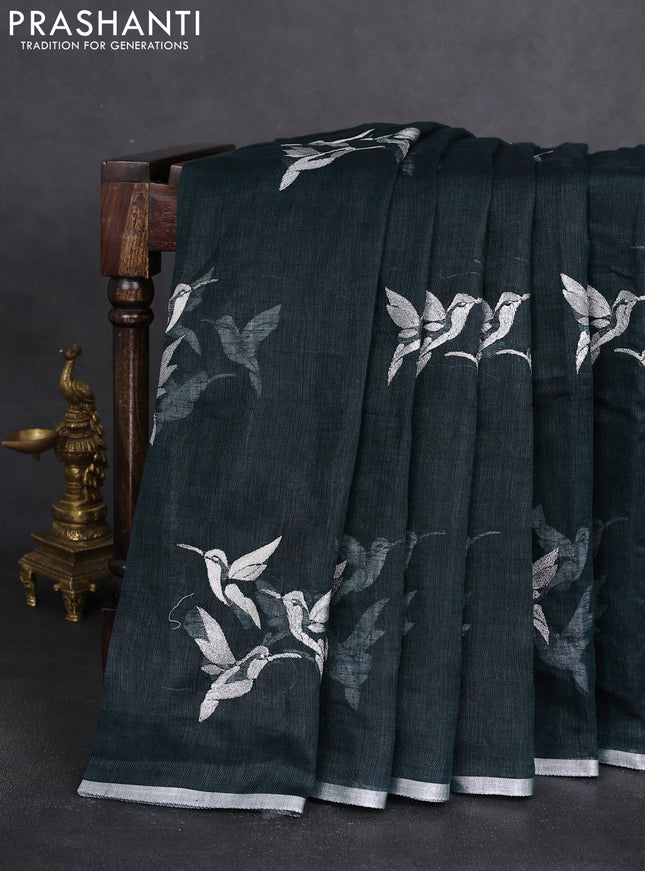 Pure linen saree dark peacock green with thread & silver zari woven buttas and silver zari woven piping border