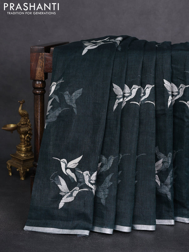 Pure linen saree dark peacock green with thread & silver zari woven buttas and silver zari woven piping border