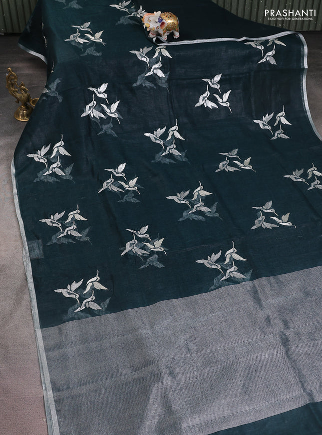 Pure linen saree dark peacock green with thread & silver zari woven buttas and silver zari woven piping border
