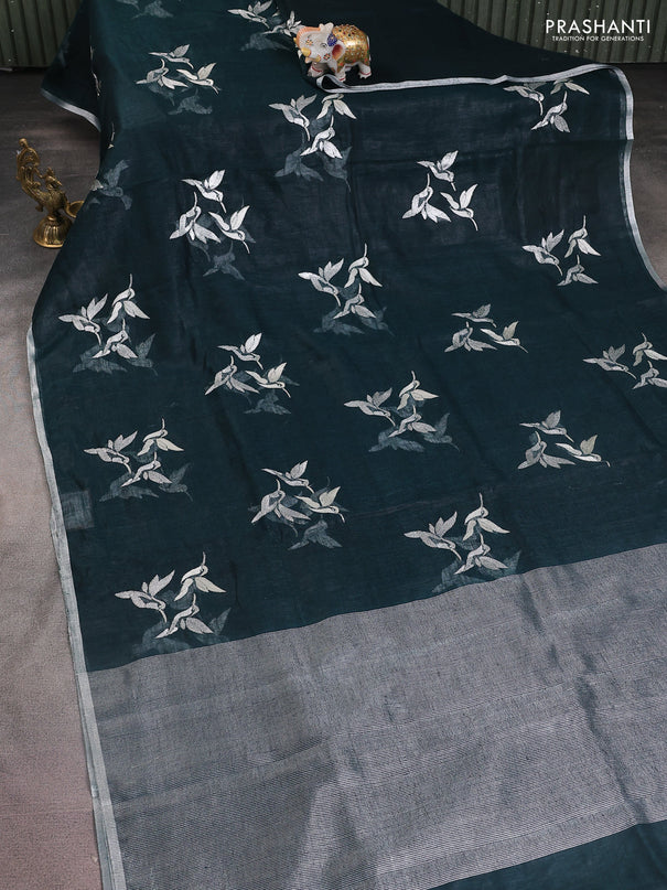 Pure linen saree dark peacock green with thread & silver zari woven buttas and silver zari woven piping border