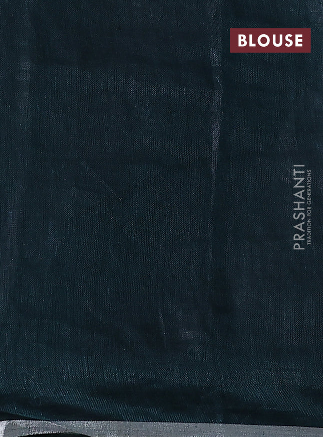 Pure linen saree dark peacock green with thread & silver zari woven buttas and silver zari woven piping border