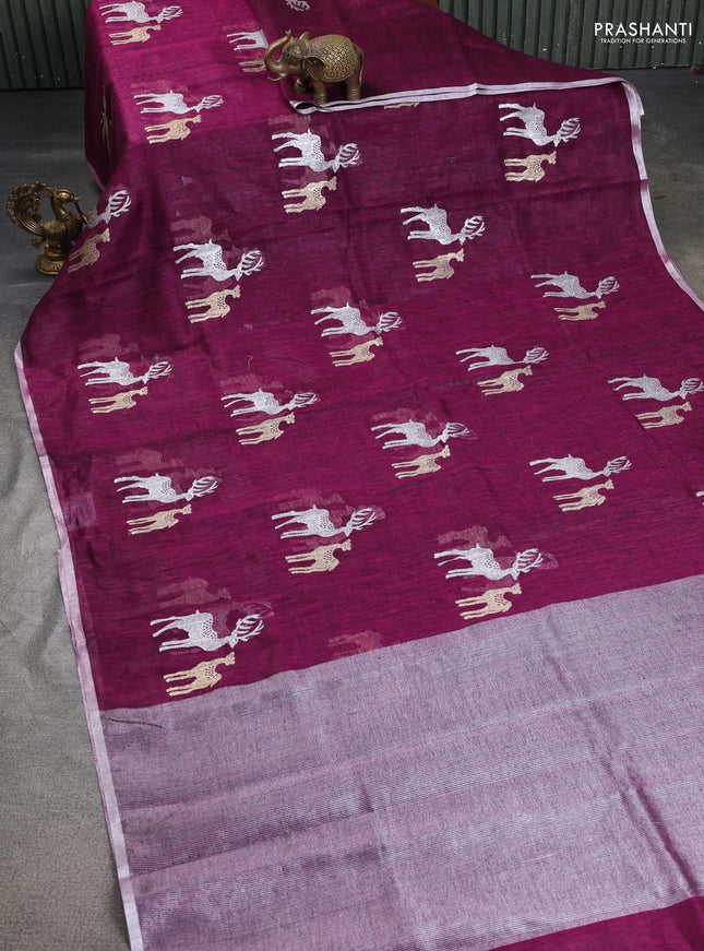 Pure linen saree wine shade with gold & silver zari woven buttas and silver zari woven piping border
