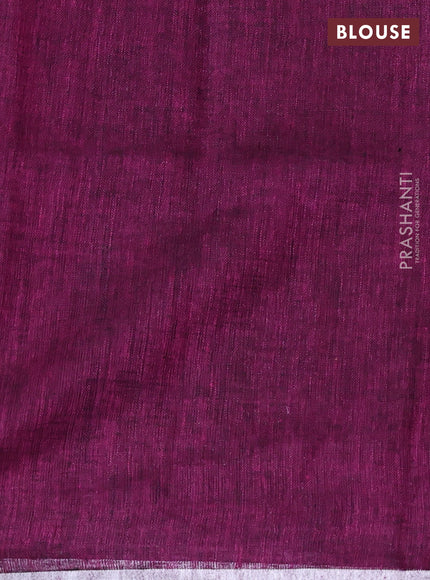 Pure linen saree wine shade with gold & silver zari woven buttas and silver zari woven piping border