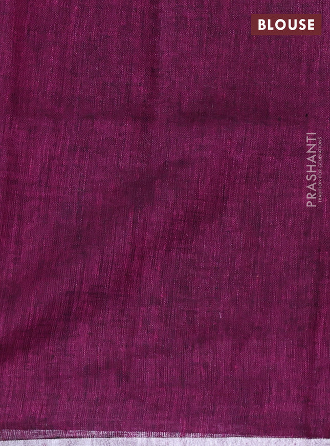 Pure linen saree wine shade with gold & silver zari woven buttas and silver zari woven piping border