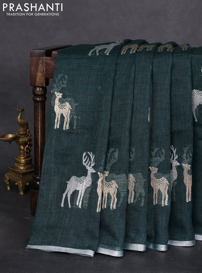 Pure linen saree peacock green with gold & silver zari woven buttas and silver zari woven piping border