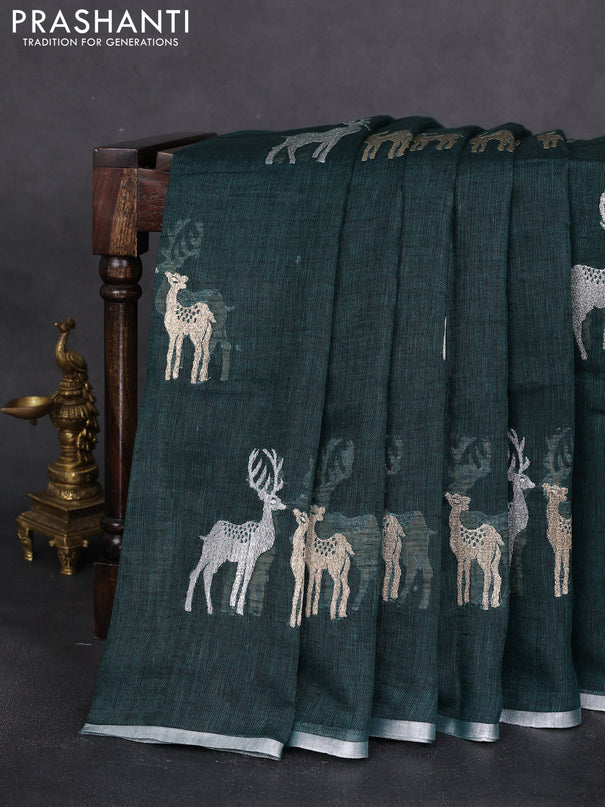 Pure linen saree peacock green with gold & silver zari woven buttas and silver zari woven piping border