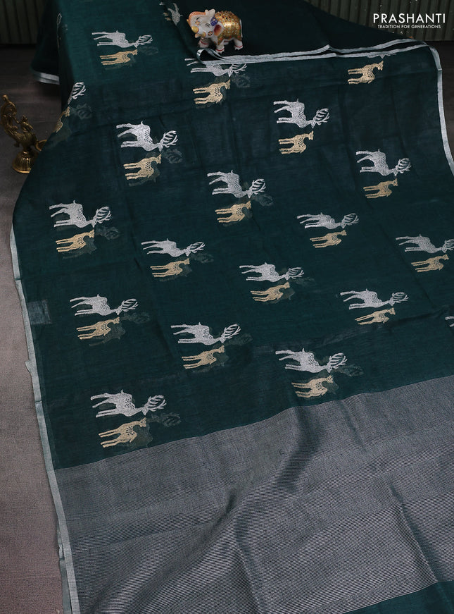 Pure linen saree peacock green with gold & silver zari woven buttas and silver zari woven piping border