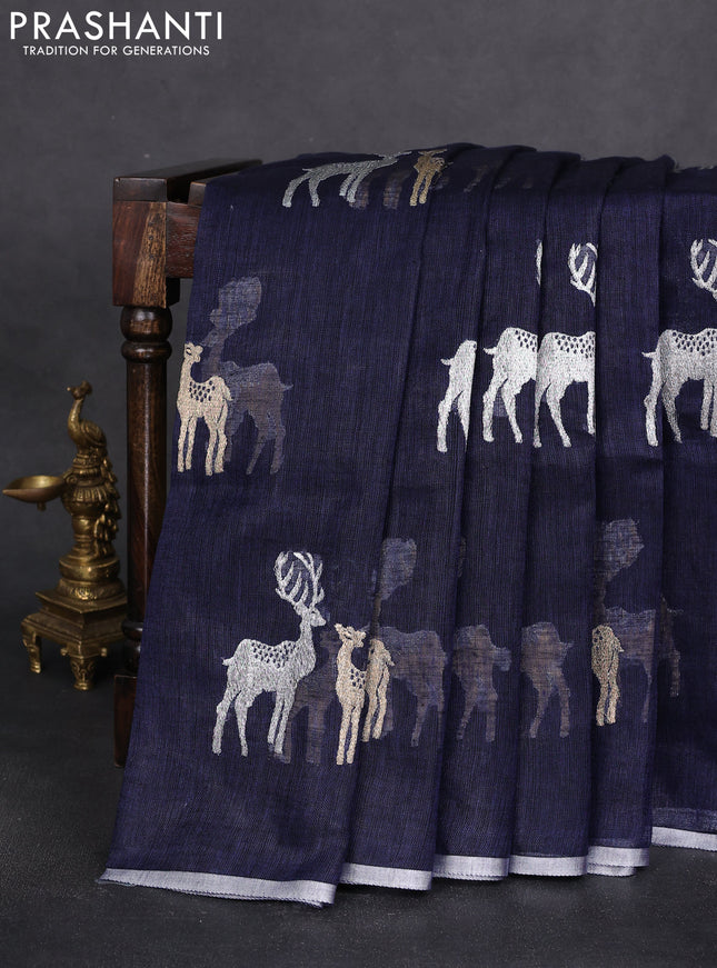 Pure linen saree navy blue with gold & silver zari woven buttas and silver zari woven piping border