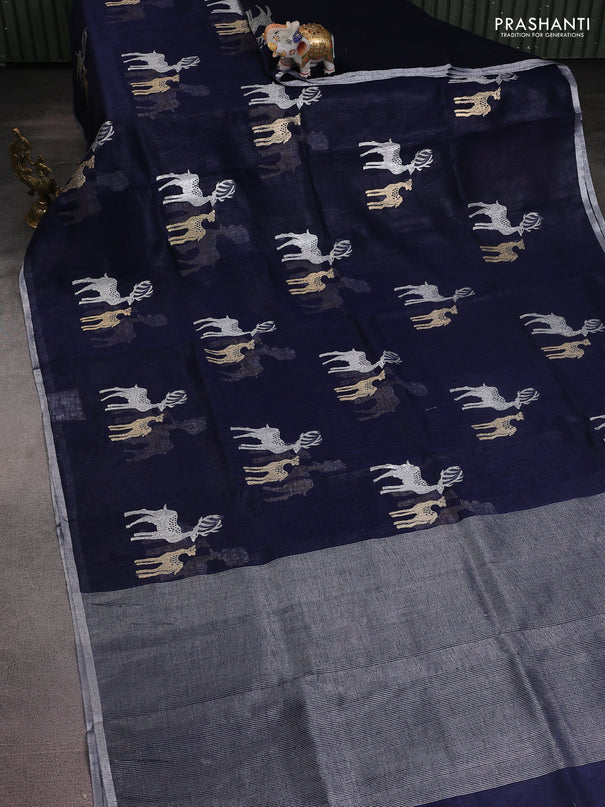 Pure linen saree navy blue with gold & silver zari woven buttas and silver zari woven piping border