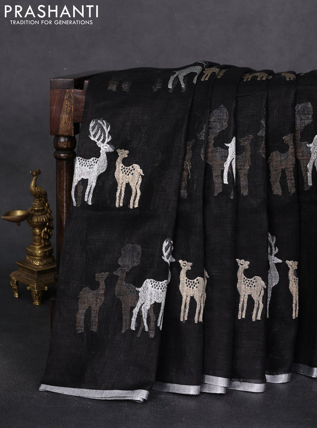 Pure linen saree black with gold & silver zari woven buttas and silver zari woven piping border