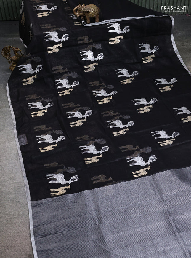Pure linen saree black with gold & silver zari woven buttas and silver zari woven piping border