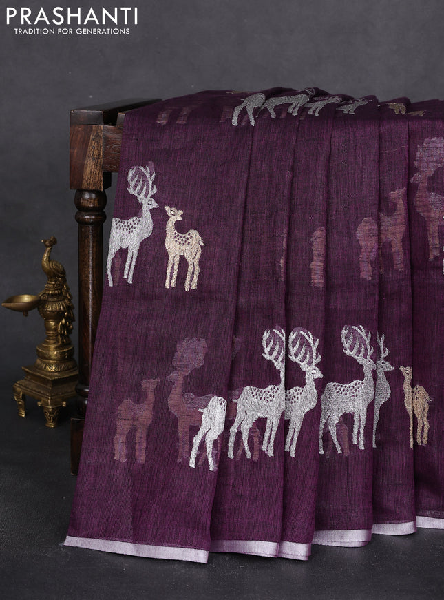 Pure linen saree purple with gold & silver zari woven buttas and silver zari woven piping border