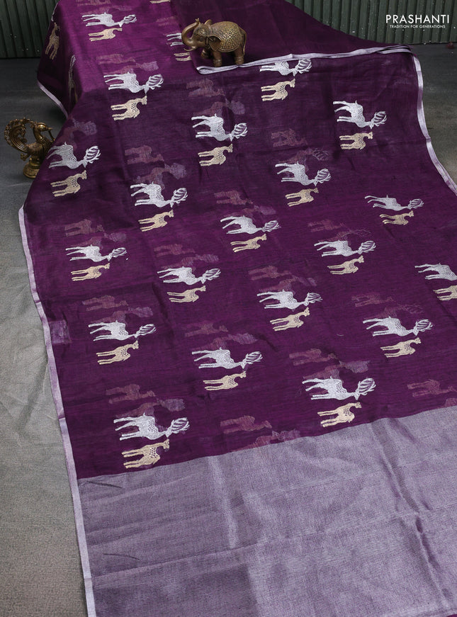 Pure linen saree purple with gold & silver zari woven buttas and silver zari woven piping border