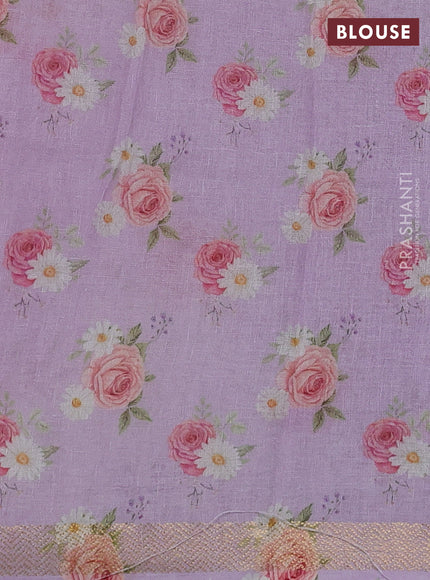Pure linen saree mild lavender and cream with allover flower prints and zari woven border
