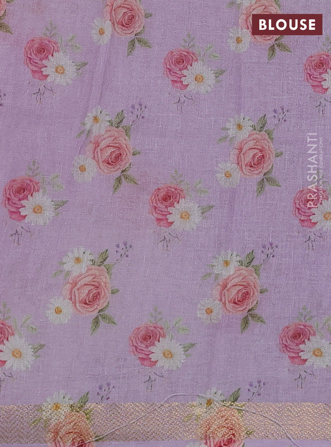 Pure linen saree mild lavender and cream with allover flower prints and zari woven border
