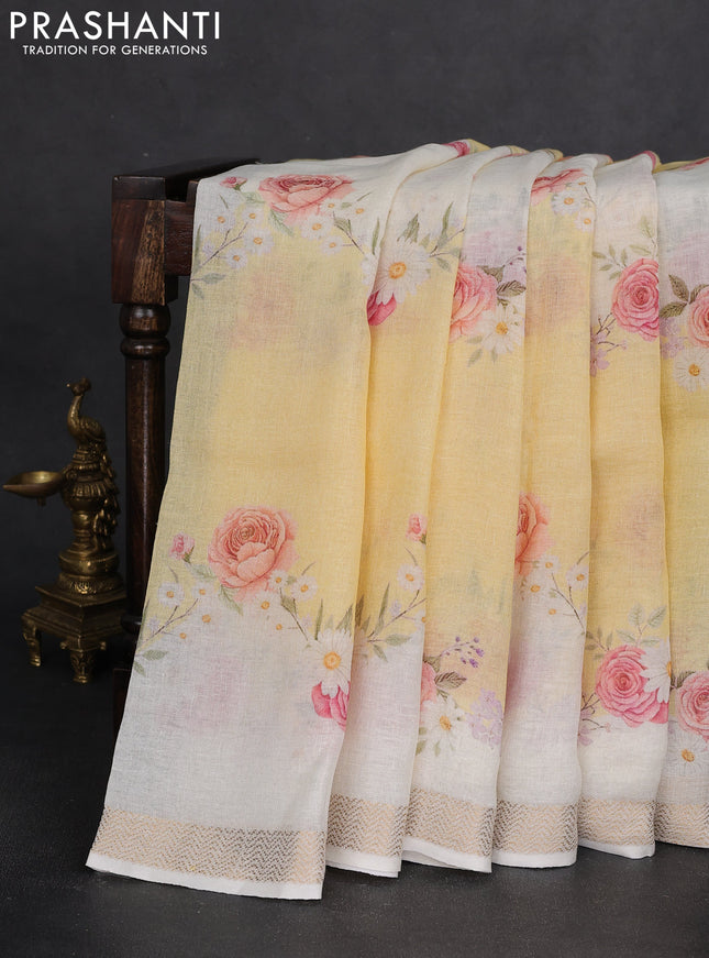 Pure linen saree pale yellow and cream with allover flower prints and zari woven border