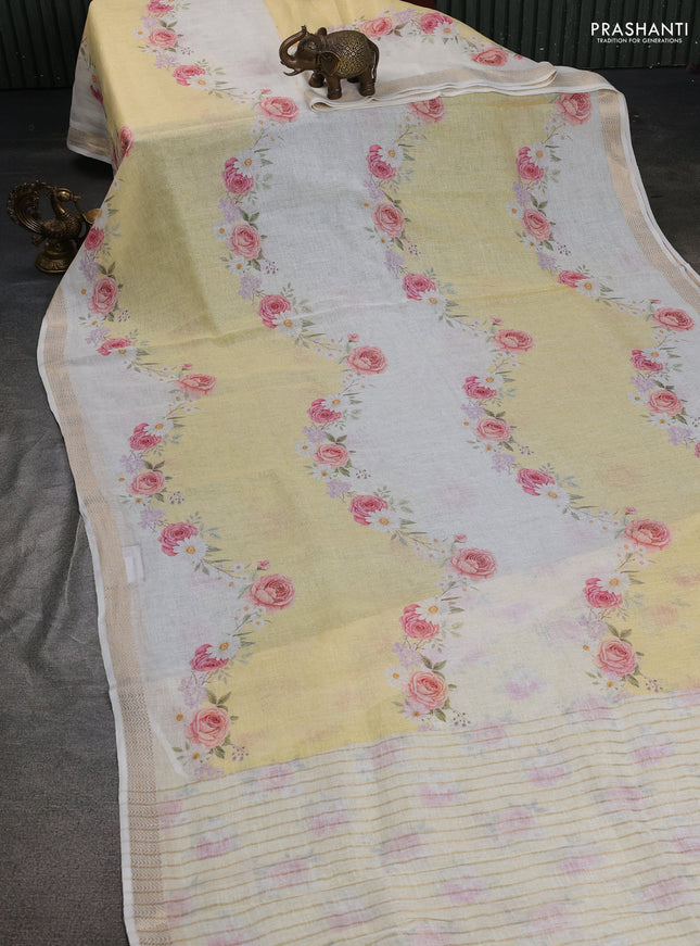 Pure linen saree pale yellow and cream with allover flower prints and zari woven border