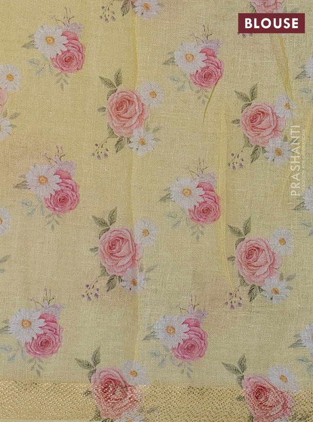 Pure linen saree pale yellow and cream with allover flower prints and zari woven border