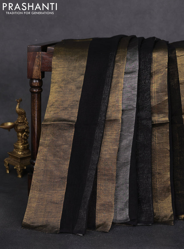 Pure linen tissue saree black grey and gold with allover stripe pattern in borderless style