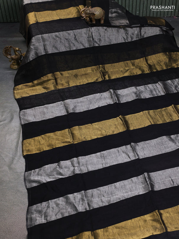Pure linen tissue saree black grey and gold with allover stripe pattern in borderless style