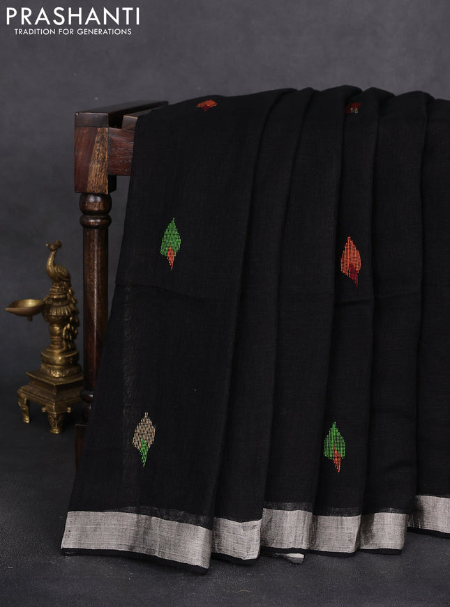 Pure linen saree black with thread woven buttas and jamdhani pallu