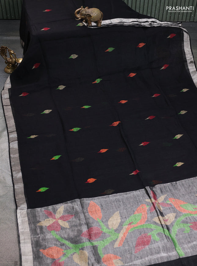 Pure linen saree black with thread woven buttas and jamdhani pallu