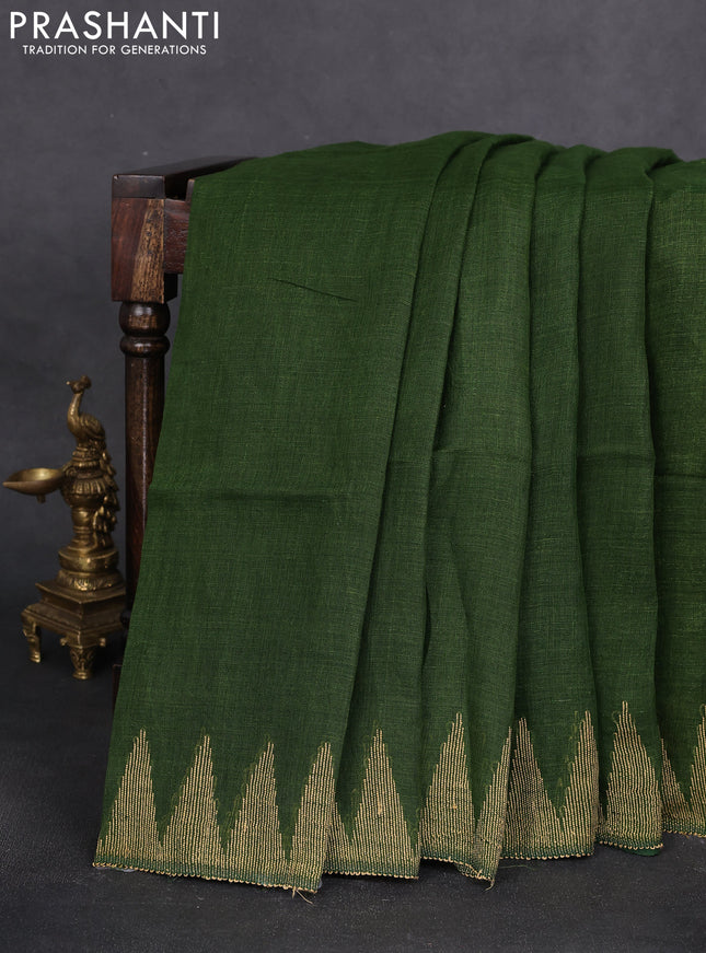 Pure linen saree sap green with plain body and thread weaving pallu