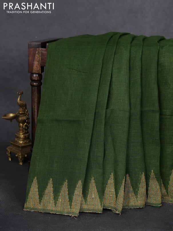 Pure linen saree sap green with plain body and thread weaving pallu